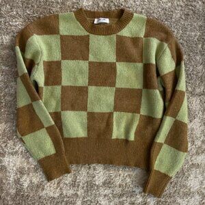 Green and Brown Checkered Fitted Hem Sweater (Medium) Double Zero